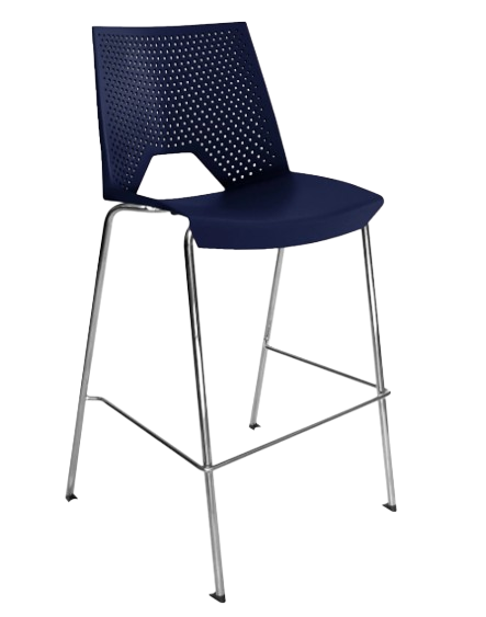 STRIKE-OHV-13-ALTA - Taburete de bar azul con patas cromadas y respaldo perforado